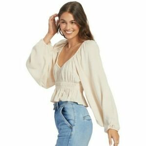 ROXY Cool Winds Smocked Bodice Long Sleeve Top Tapioca Size Medium